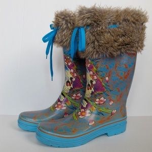 Don Ed Hardy Rain Boots w Fur Skeleton Hearts